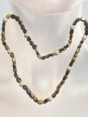 Natural Faceted Tiger-Eye Gemstones Beads and Cultured Pearl Necklace.